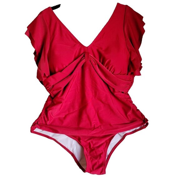 NWOT Swimwear Swimsuit One Piece Size Large Women’s Red Layer Short Sleeve - Picture 1 of 9